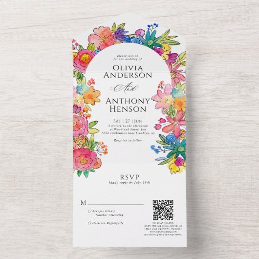Whimsy Bold Bloemen Waterverf QR Code Trouwen All In One Uitnodiging (Binnen)
