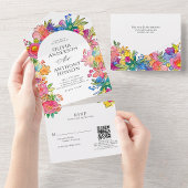 Whimsy Bold Bloemen Waterverf QR Code Trouwen All In One Uitnodiging