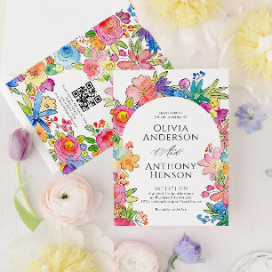 Whimsy Bold Bloemen Waterverf QR Code Trouwen Kaart