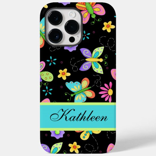 Whimsy Butterflies Black Name Persoonlijk Case-Mate iPhone Case (Achterkant)