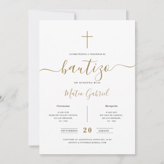 Whimsy Calligrafie Invitación de Bautizo Gold Kaart (Voorkant)