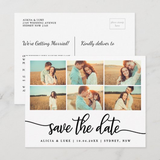 Whimsy Calligraphy Bewaar de datum Fotocollage Aankondigingskaart (Voorkant / Achterkant)