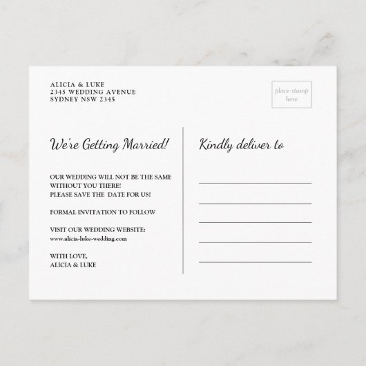 Whimsy Calligraphy Bewaar de datum Fotocollage Aankondigingskaart (Achterkant)