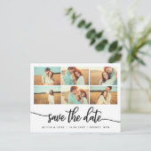 Whimsy Calligraphy Bewaar de datum Fotocollage Aankondigingskaart (Staand voorkant)