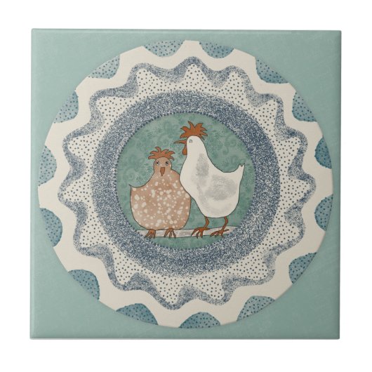 Whimsy Chickens Mint Blue Terracotta Teal Aqua Tegeltje (Voorkant)