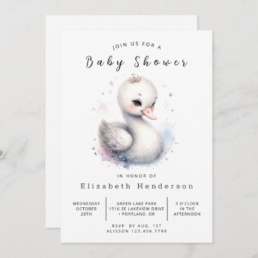 Whimsy Custom Swan Baby shower Kaart (Voorkant / Achterkant)