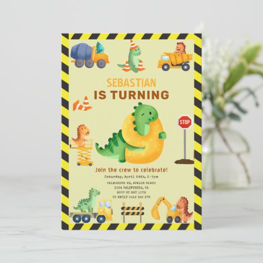 Whimsy Dinosaurus Bouw 9e Verjaardagsfeestje Kaart (Staand voorkant)