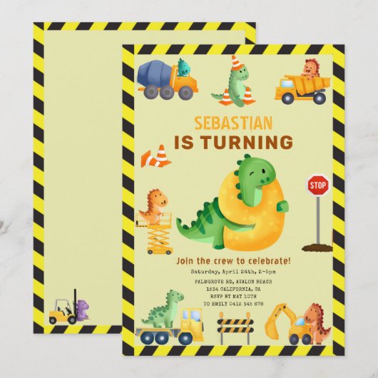 Whimsy Dinosaurus Bouw 9e Verjaardagsfeestje Kaart (Voorkant / Achterkant)