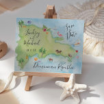 Whimsy Dominicaanse Republiek Kaart Save the Date<br><div class="desc">Dit is een originele handbeschilderde waterverf kaart van de Dominicaanse Republiek met weinig elementen toegevoegd: flamingo, kokosnoten, palmbomen, zeeen schildpad en tropische vissen om er een paar te noemen. Het hart is geplaatst over de trouwlocatie. Voor vragen over aangepaste ontwerpwijzigingen door de onafhankelijke ontwerper kunt u een e-mail sturen naar...</div>
