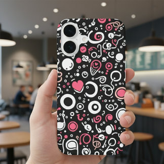 Whimsy Doodle Vibes – Abstract Hearts & Spirals iPhone 16 Hoesje
