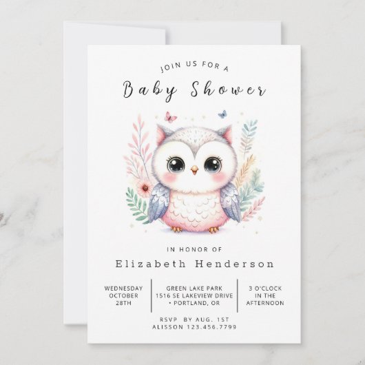 Whimsy Editable Owl Baby shower Kaart (Voorkant)
