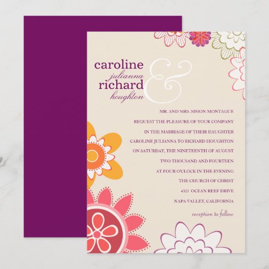 Whimsy floral bruiloft kaart (Voorkant / Achterkant)