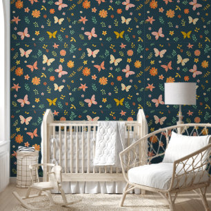 Whimsy Flowers Vlinders Blauwgroen achtergrond Blo Behang