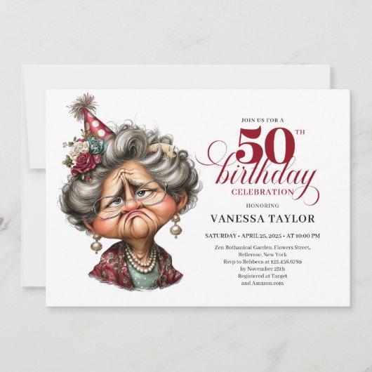 Whimsy funny grumpy woman fifty party editable kaart (Voorkant)