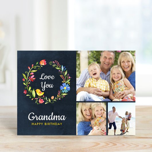 Whimsy Garden Wreath Birthday Photo Card Kaart