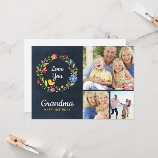 Whimsy Garden Wreath Birthday Photo Card Kaart (Voorkant / Achterkant in situ)