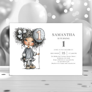 Whimsy Girl 1e verjaardag Zwart Goud Feest uitnodi Kaart