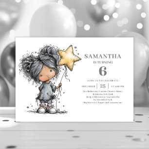 Whimsy Girl 5e verjaardag zwart goud feest uitnodi Kaart
