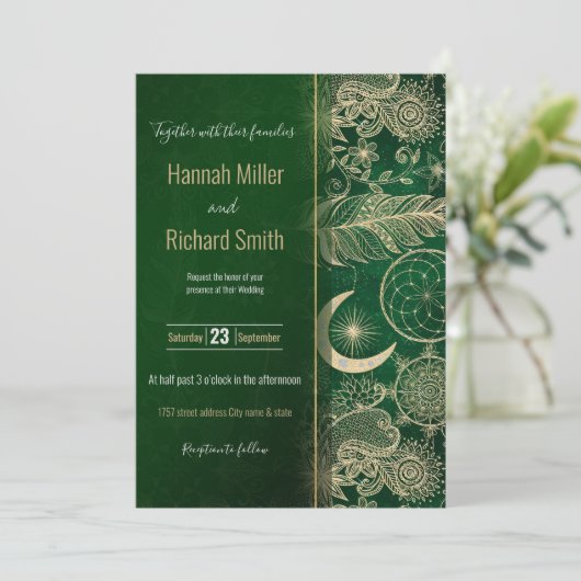 Whimsy Gold en Green Dreamweaver Feathers Mandala Kaart (Staand voorkant)