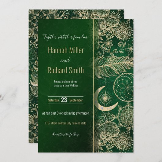 Whimsy Gold en Green Dreamweaver Feathers Mandala Kaart (Voorkant / Achterkant)