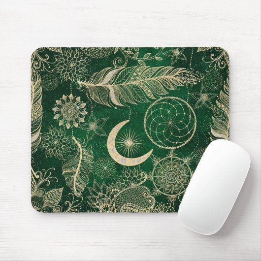Whimsy Gold en Green Dreamweaver Feathers Mandala Muismat (Met muis)