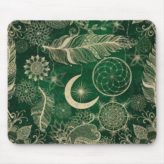 Whimsy Gold en Green Dreamweaver Feathers Mandala Muismat (Voorkant)
