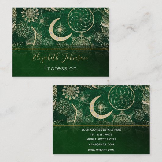 Whimsy Gold en Green Dreamweaver Feathers Mandala Visitekaartje (Voorkant / Achterkant)