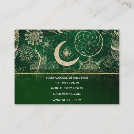 Whimsy Gold en Green Dreamweaver Feathers Mandala Visitekaartje (Achterkant)