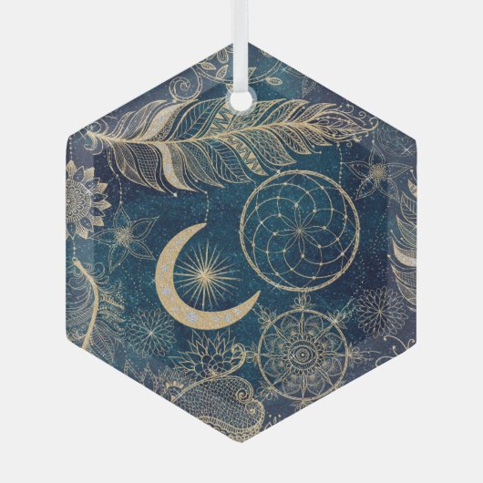 Whimsy Gold Glitter Drocatcher Feathers Mandala Glas Ornament (Voorkant)