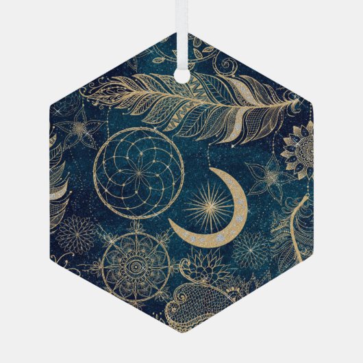 Whimsy Gold Glitter Drocatcher Feathers Mandala Glas Ornament (Achterkant)