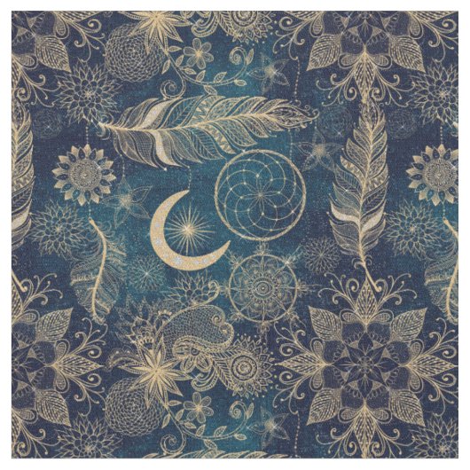 Whimsy Gold Glitter Drocatcher Feathers Mandala Stof (Close Up)
