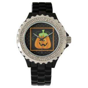 Whimsy Halloween Pumpkin op Black Horloge