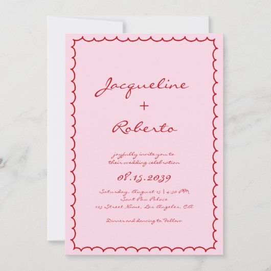 Whimsy Hand Getrokken Retro Lijst Roze & Rood Huwe Kaart (Voorkant)