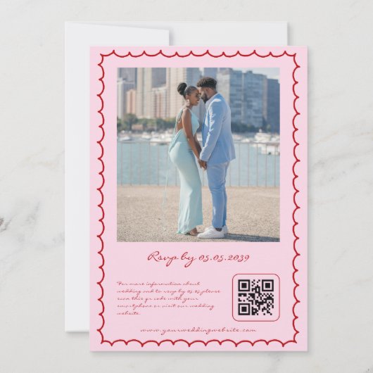 Whimsy Hand Getrokken Retro Lijst Roze & Rood Huwe Kaart (Achterkant)