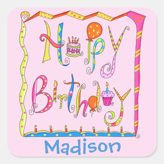 Whimsy Happy Birthday Name Persoonlijk Roze Vierkante Sticker (Voorkant)