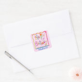Whimsy Happy Birthday Name Persoonlijk Roze Vierkante Sticker (Envelop)