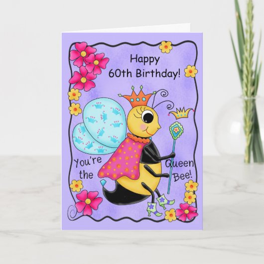 Whimsy Honey Queen Bee Happy 60th Birthday Kaart (Voorkant)