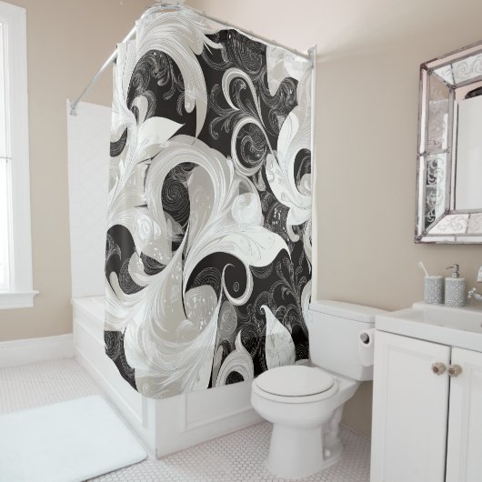 Whimsy in zwarte en crème barokke wervelingen douchegordijn (In situ)