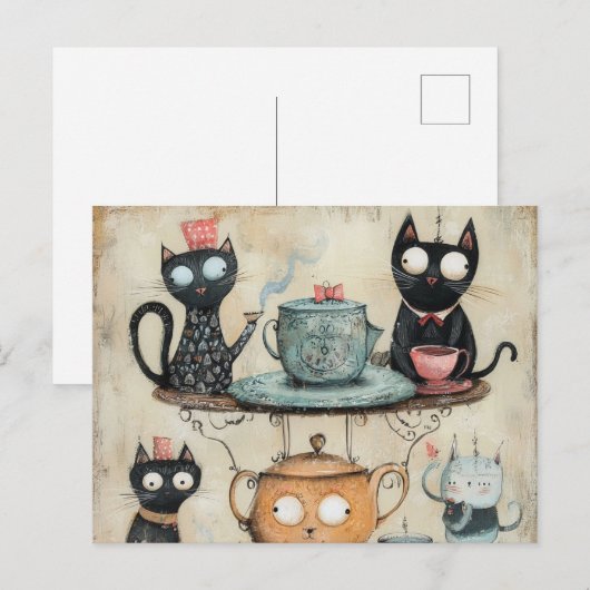 Whimsy Kat Tea Party Briefkaart (Voorkant / Achterkant)