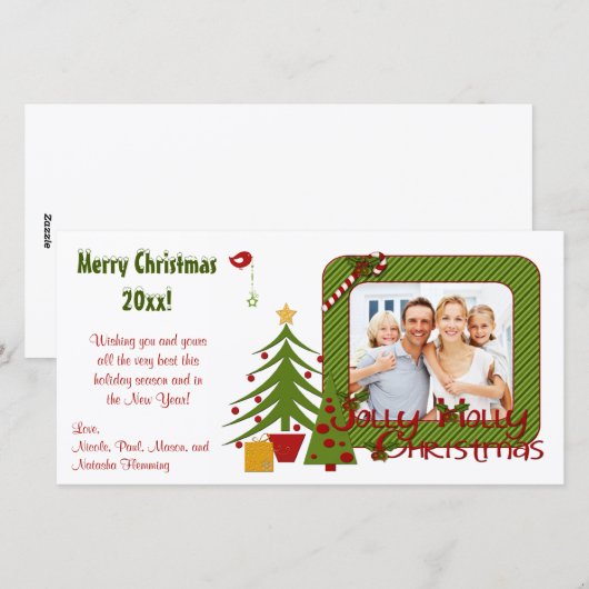 Whimsy kerstbomen, Bird, Stripes-fotokaart Feestdagenkaart (Voorkant / Achterkant)