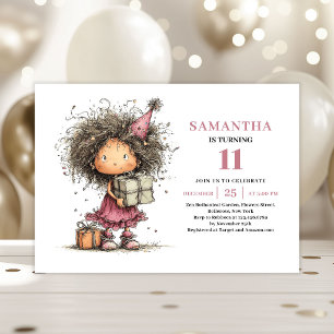Whimsy Kids 11e verjaardagsuitnodiging Roze Printb Kaart