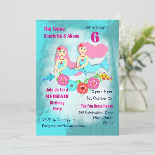 Whimsy Mermaid Twin Girls Birthday Party Invite Kaart (Staand voorkant)