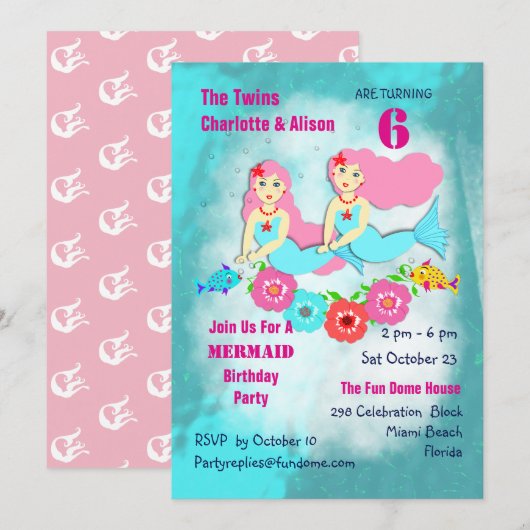 Whimsy Mermaid Twin Girls Birthday Party Invite Kaart (Voorkant / Achterkant)
