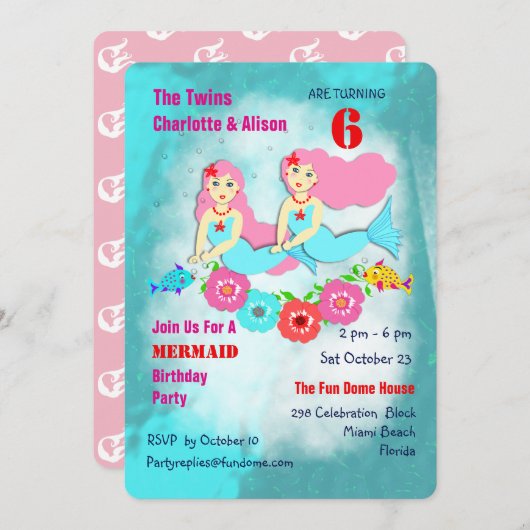 Whimsy Mermaid Twin Girls Verjaardagsfeestje Uitno Kaart (Voorkant / Achterkant)