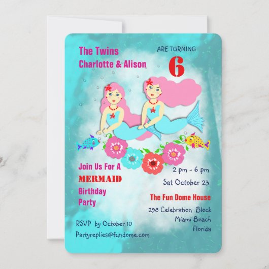 Whimsy Mermaid Twin Girls Verjaardagsfeestje Uitno Kaart (Voorkant)