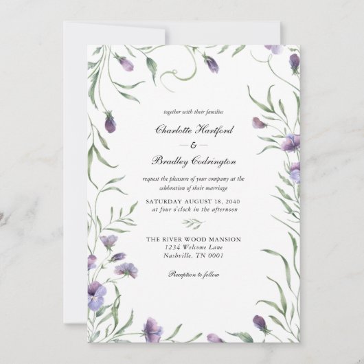Whimsy Paarse Floral Wedding Kaart (Voorkant)
