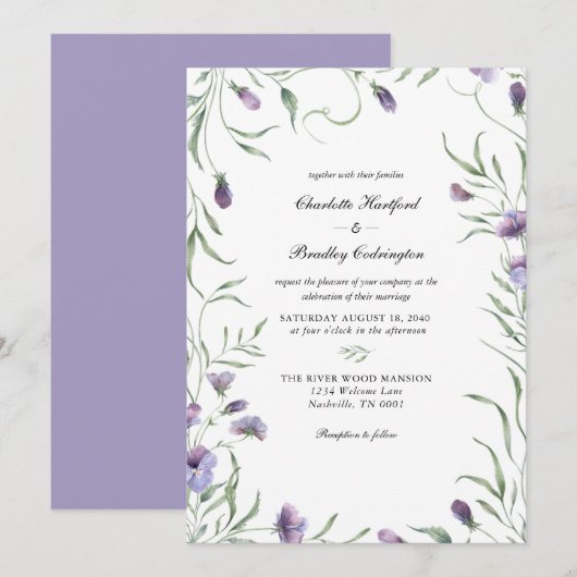 Whimsy Paarse Floral Wedding Kaart (Voorkant / Achterkant)