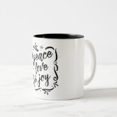 Whimsy Peace Love & Joy Tweekleurige Koffiemok (Voorkant rechts)