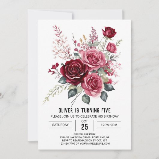 Whimsy Printable Bourgogne Bloemen Verjaardag Kaart (Voorkant)