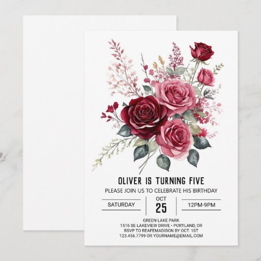 Whimsy Printable Bourgogne Bloemen Verjaardag Kaart (Voorkant / Achterkant)